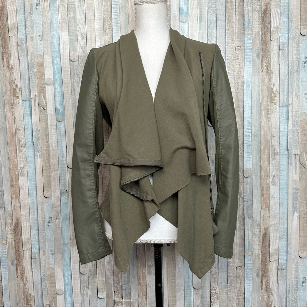 Blank NYC M Vegan Faux Leather Draped Asymmetric Zip Moto Jacket Olive Green
